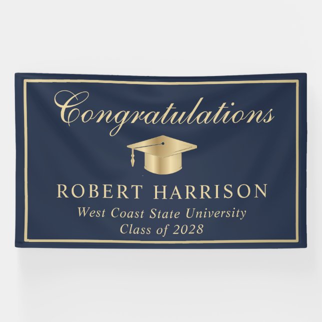 Classic Gold Grad Cap Blue Graduation Welcome Banner (Horizontal)