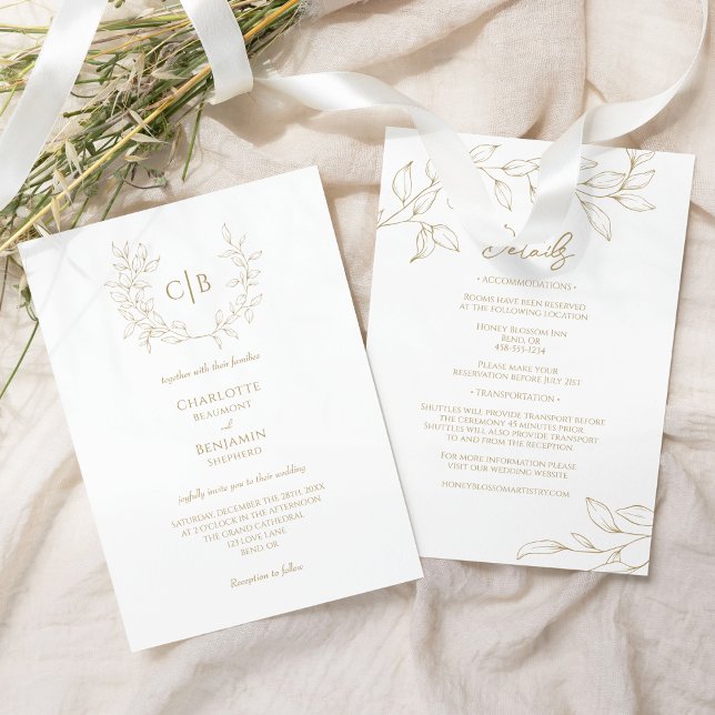 Classic Gold Greenery Wedding Monogram All in One Invitation (Creator Uploaded)