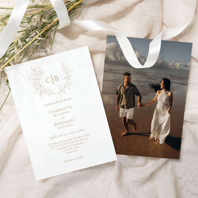 Classic Gold Greenery Wedding Monogram Photo Invitation (Creator Uploaded)