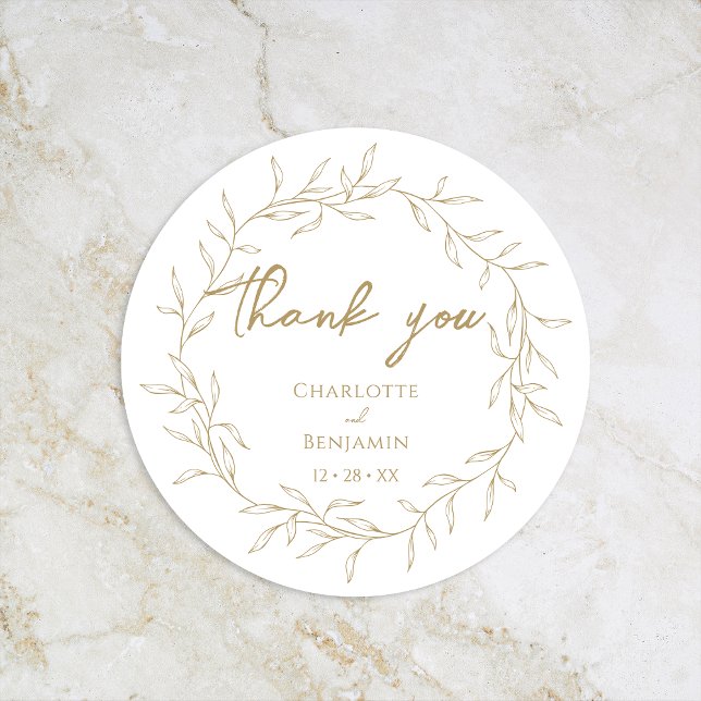 Classic Gold Greenery Wedding Thank You Round Sticker (Creator Uploaded)