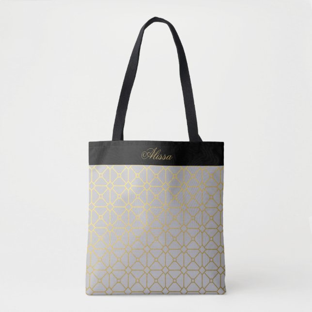 Classic Gold Grey Black Pattern Personalized Tote Bag (Front)