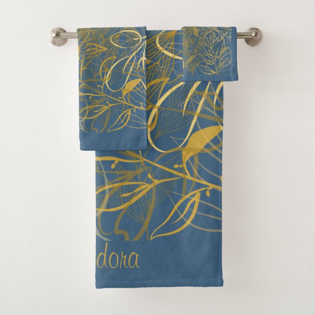 Classic Gold Leaf Blue Background Bath Towel Set (Insitu)