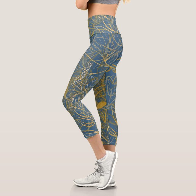 Classic Gold Leaf Blue Background Capri Leggings (Left)