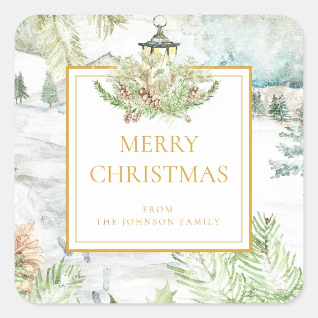 Classic Gold Merry Christmas Watercolor Snow Scene Square Sticker (Front)