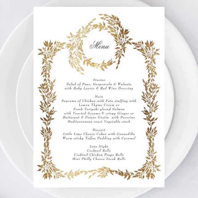 Classic Gold Monogram Botanical Crest Wedding Menu (Creator Uploaded)