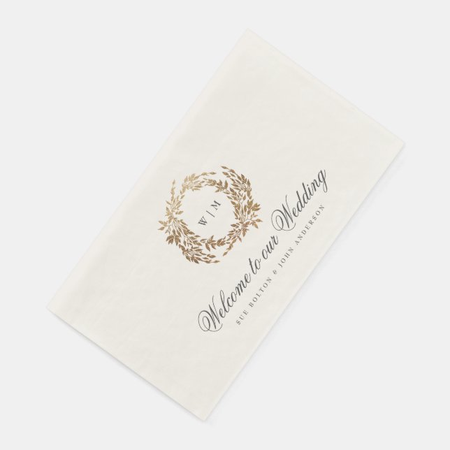 Classic Gold Monogram Botanical Crest Wedding Napkin (Corner)