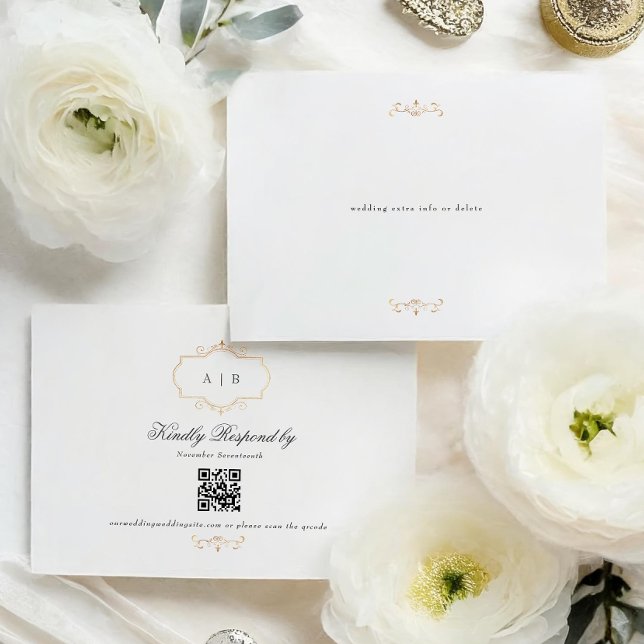 classic gold monogram QR CODE wedding website RSVP Card (Creator Uploaded)