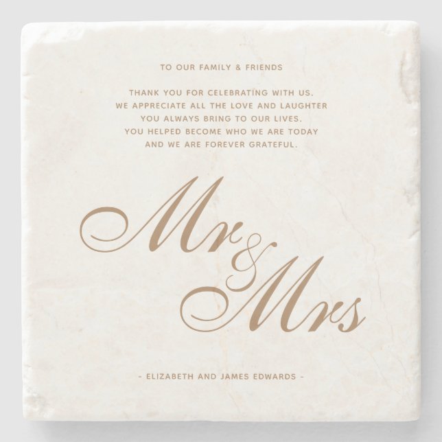 Classic Gold Mr and Mrs Wedding Thank You Message Stone Coaster (Front)