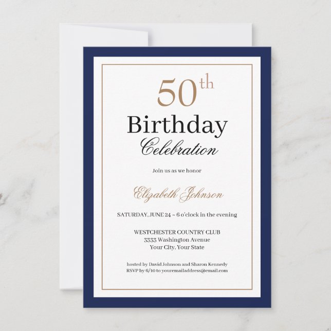 Classic Gold Navy Blue 50th Birthday Party Invitation (Front)