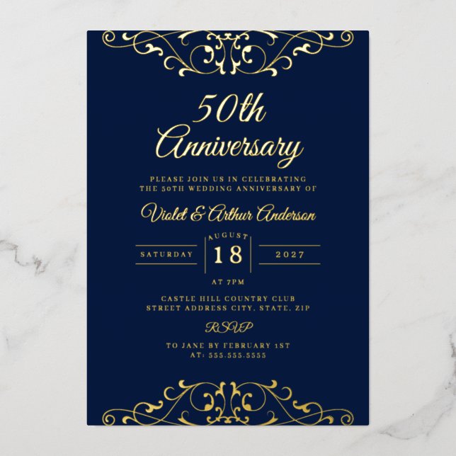 Classic Gold Navy Swirl 50th Wedding Anniversary (Front)