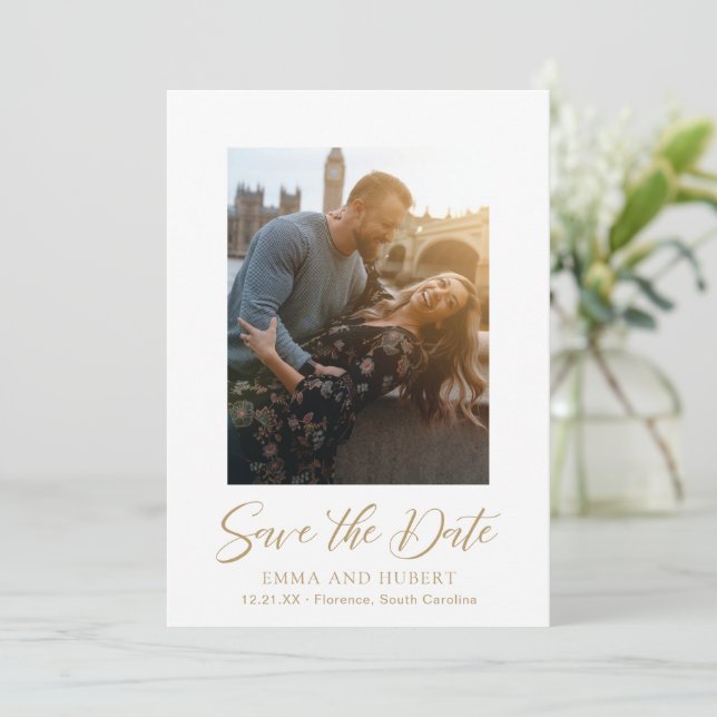 Classic Gold Photo Elegant Wedding Save The Date (Standing Front)