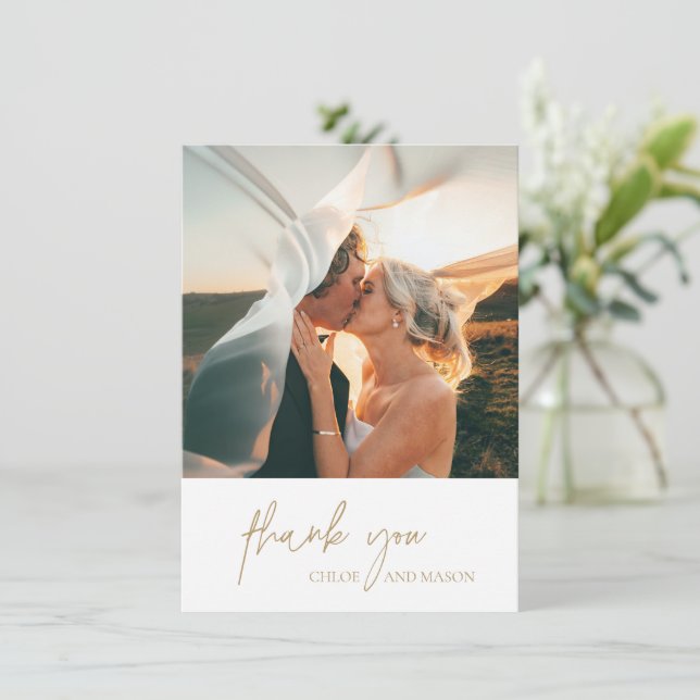 Classic Gold Photo Elegant Wedding Thank You Card (Standing Front)