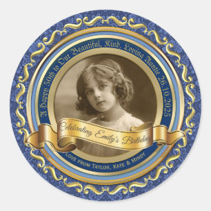 Classic Gold Photo Frame Elegant Banner Dark Blue Classic Round Sticker
