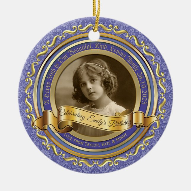 Classic Gold Photo Frame Elegant Banner Lavender Ceramic Ornament (Front)