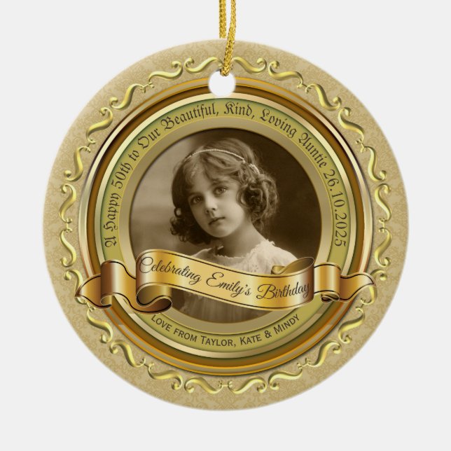 Classic Gold Photo Frame Elegant Banner Yellow Ceramic Ornament (Front)