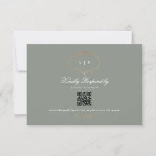 classic gold sage green QR CODE wedding website RSVP Card