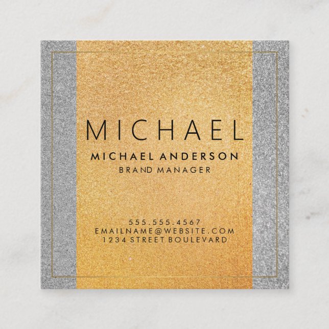 Classic Gold Silver / Glamour Glitter Square Business Card (Front)