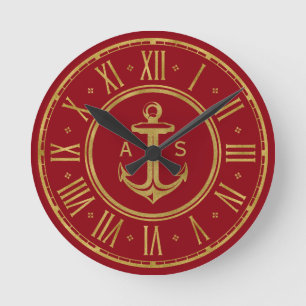 Classic Golden Anchor   Nautical Red Round Clock