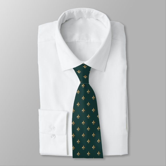Classic golden fleur de lis on dark sea green tie (Tied)