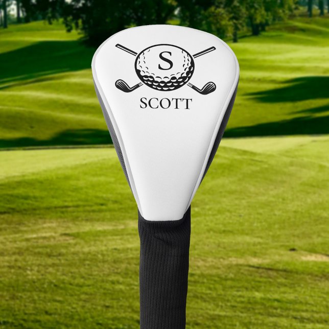 Classic Golf Clubs Monogram Name Black White Head Cover (Creator Uploaded)