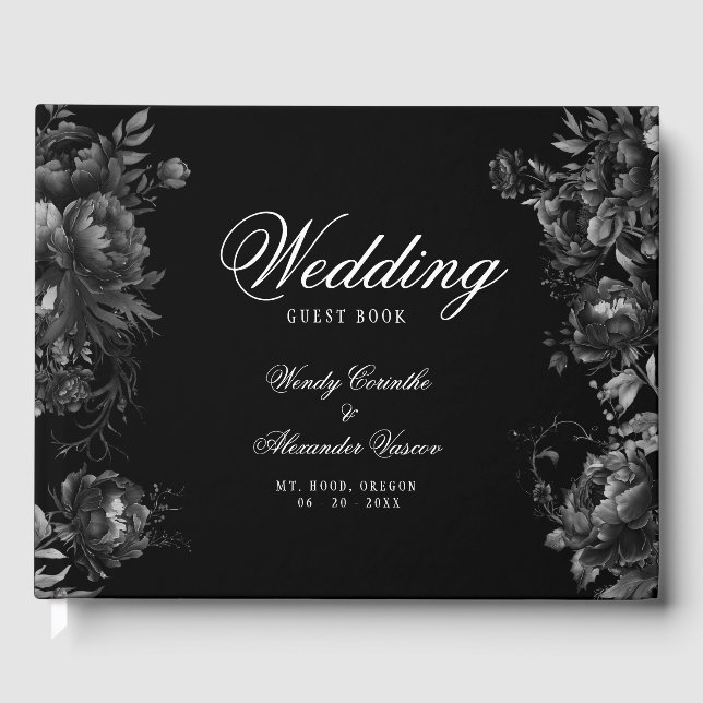Classic Gothic Black Monogram Crest Wedding Guest Book (Front)