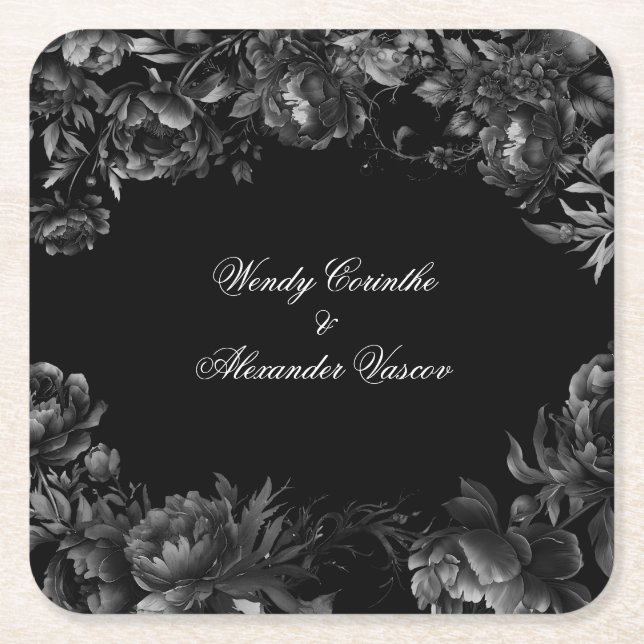 Classic Gothic Black Wedding Square Paper Coaster (Front)