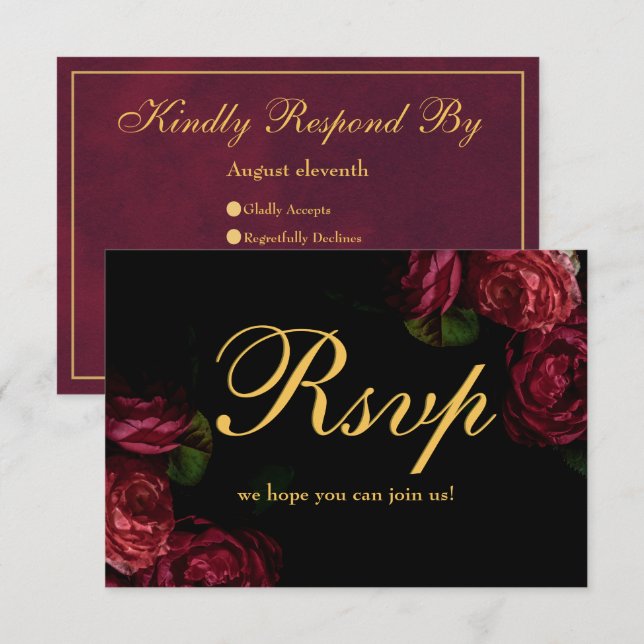 Classic Gothic Elegant Rose Floral Black Wedding  RSVP Card (Front/Back)