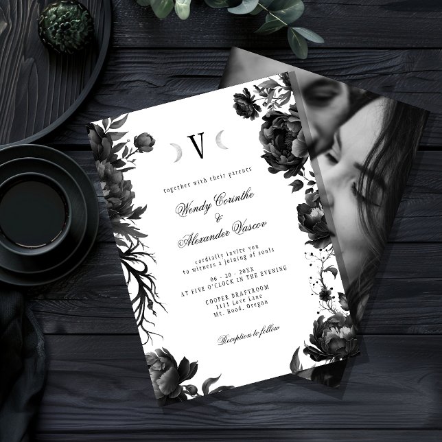 Classic Gothic White Moon Monogram Wedding Photo Invitation (Creator Uploaded)