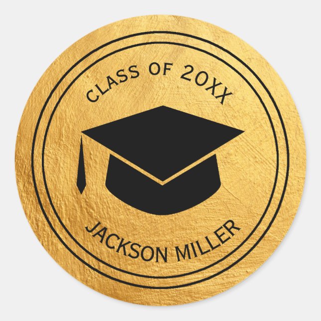 Classic Graduation Cap Personalized  GOLD Classic Round Sticker (Front)