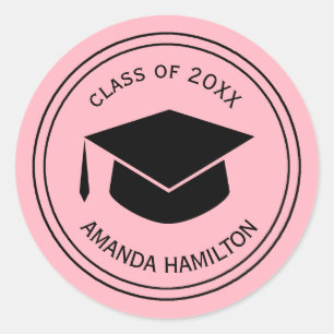 Classic Graduation Cap Personalized  PLUSH PINK Round Sticker