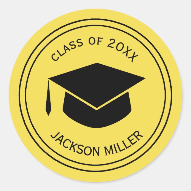 Classic Graduation Cap Personalized  YELLOW Classic Round Sticker (Front)