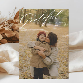 Classic Grateful Calligraphy Photo Thanksgiving Holiday Card