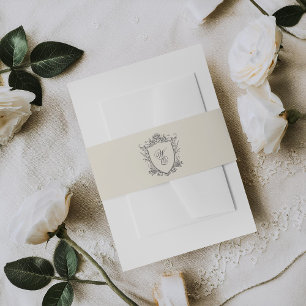 Classic Gray Monogram Formal Floral Crest Wedding Invitation Belly Band