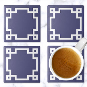 Classic Greek Key Border Navy Blue White Stone Coaster