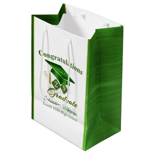 Classic Green and Gold Personalized Graduation Medium Gift Bag (Front Angled)