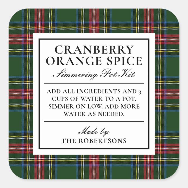 Classic Green and Red Plaid Holiday Simmer Pot Kit Square Sticker (Front)