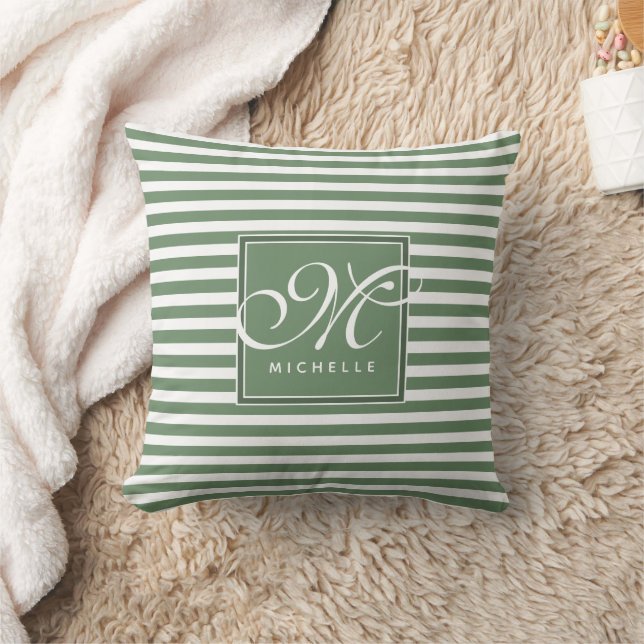 Classic Green and White Striped - Script Monogram Throw Pillow (Blanket)