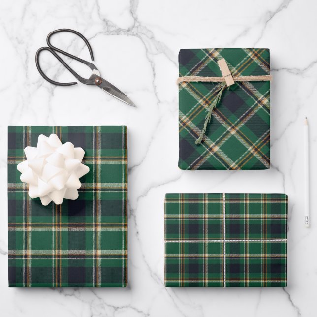 Classic Green Blue Yellow Plaid Pattern Holiday Wrapping Paper Sheet (Front)