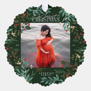 Classic Green Botanical Christmas photo Ornament Card