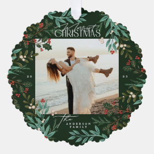 Classic Green Botanical Christmas photo Ornament Card