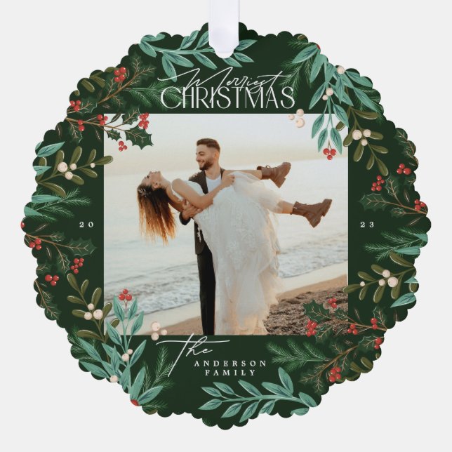 Classic Green Botanical Christmas photo Ornament Card (Front)