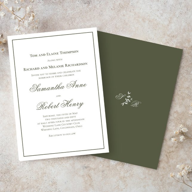 Classic Green Calligraphy Script Wedding  Invitation (Classic green elegant wedding invitations. )