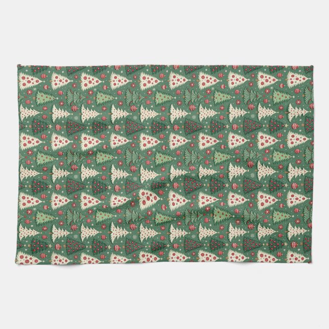 Classic Green Christmas Tree Pattern Holiday Kitchen Towel (Horizontal)