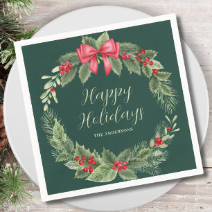 Classic Green Christmas Wreath Name  Napkins