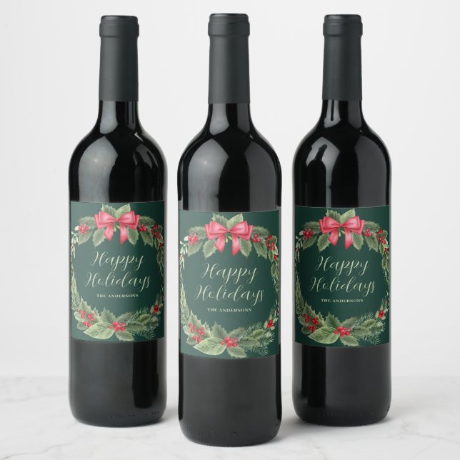 Classic Green Christmas Wreath Name   Wine Label (Bottles)