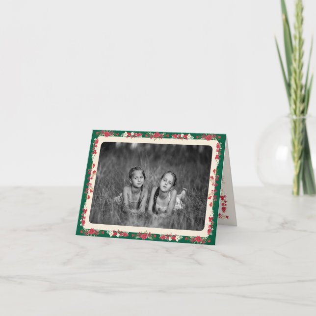 classic green cream christmas floral folded photo holiday card (Front)