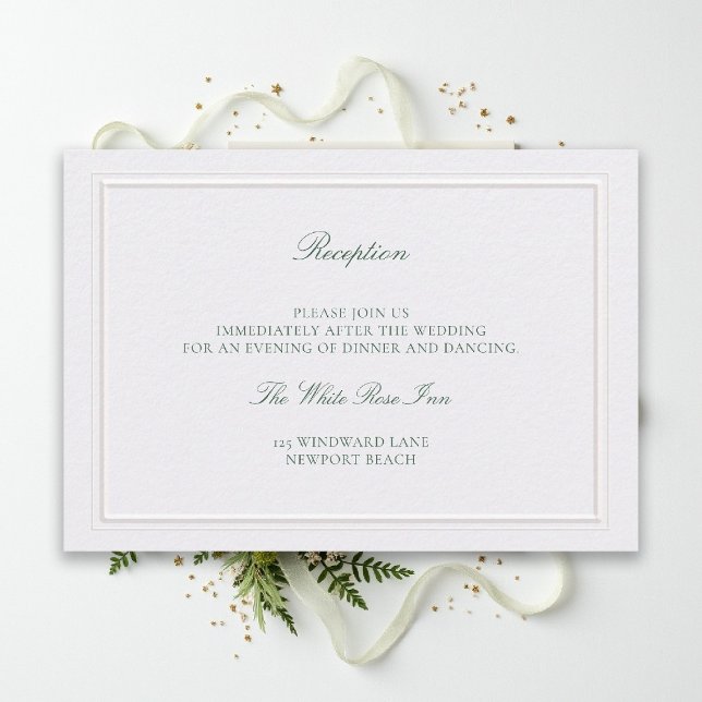 Classic Green Elevated Pearl Wedding Reception Enclosure Card (modern classic wedding reception details forest green type double frame pearl formal traditional)