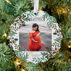 Classic Green Enchanting Botanical Christmas photo Ornament Card