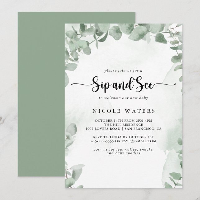Classic Green Eucalyptus Foliage Sip and See Invitation (Front/Back)