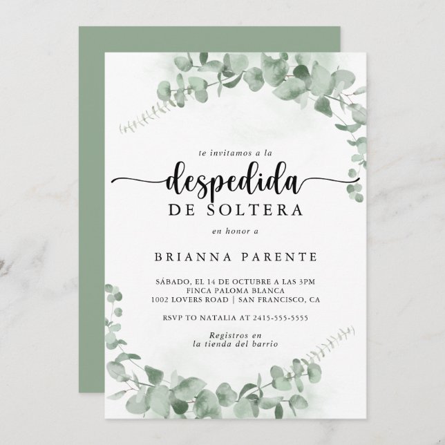 Classic Green Eucalyptus Spanish Bridal Shower  Invitation (Front/Back)